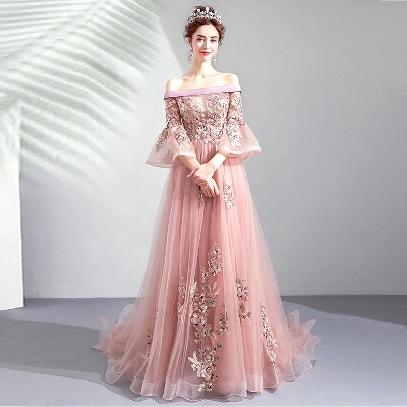 

Luxurious Evening Dress Empire Full Sleeves Appliques Floor-Length Boat Neck Lace Up A-Line Plus Size Women Formal Gowns TS002