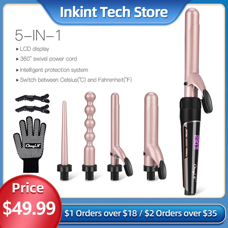 

High Quality 3/5in1 Hair Curling Iron Wand Ceramic Professional Salon Interchangeable Barrels Hair Curler Deep Wave Styling Tool