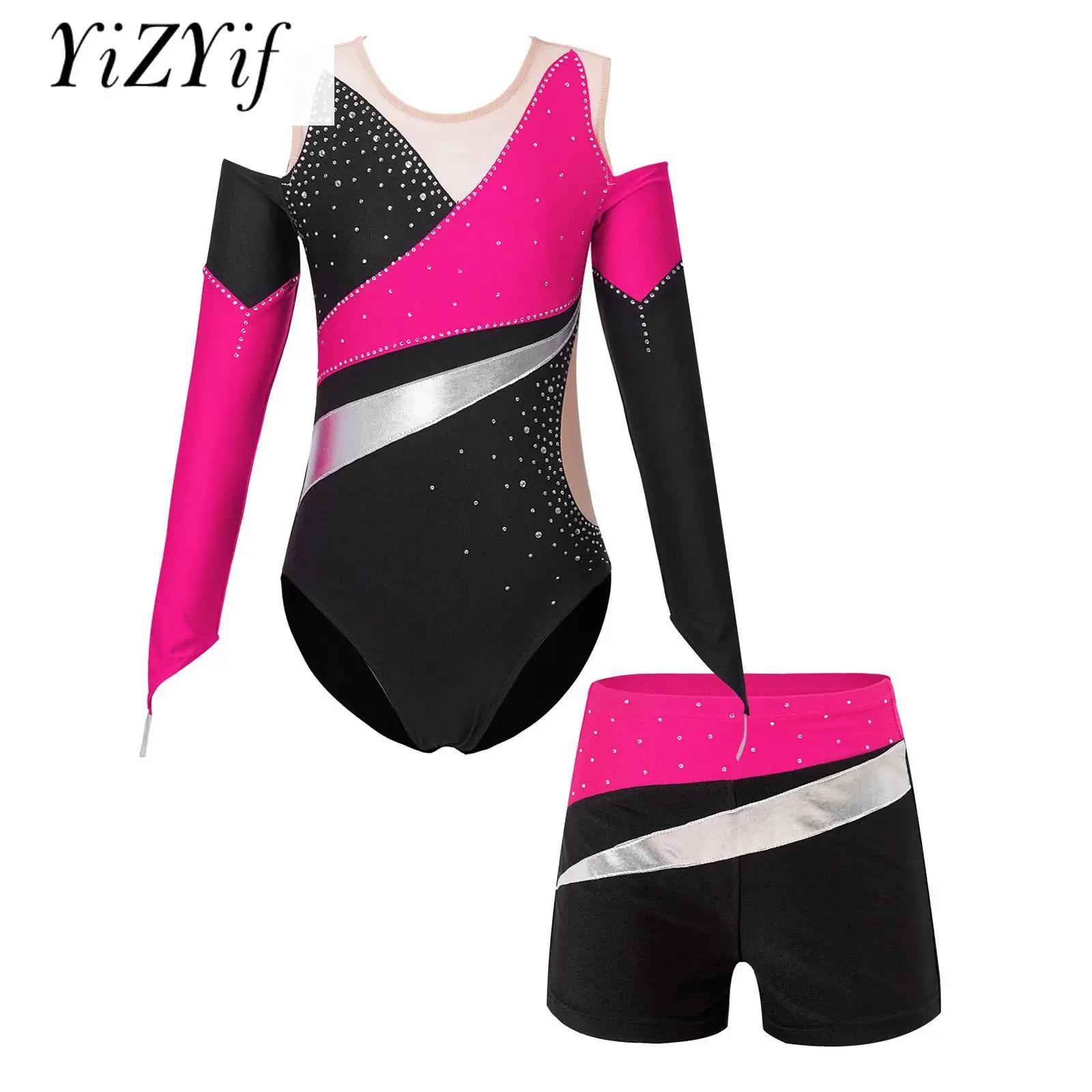 

Kids Girls 2Pcs Gymnastics Leotard Set Long Sleeve Cut Out Contrast Colour with Booty Shorts Set Tracksuit Ballet Yoga Sports