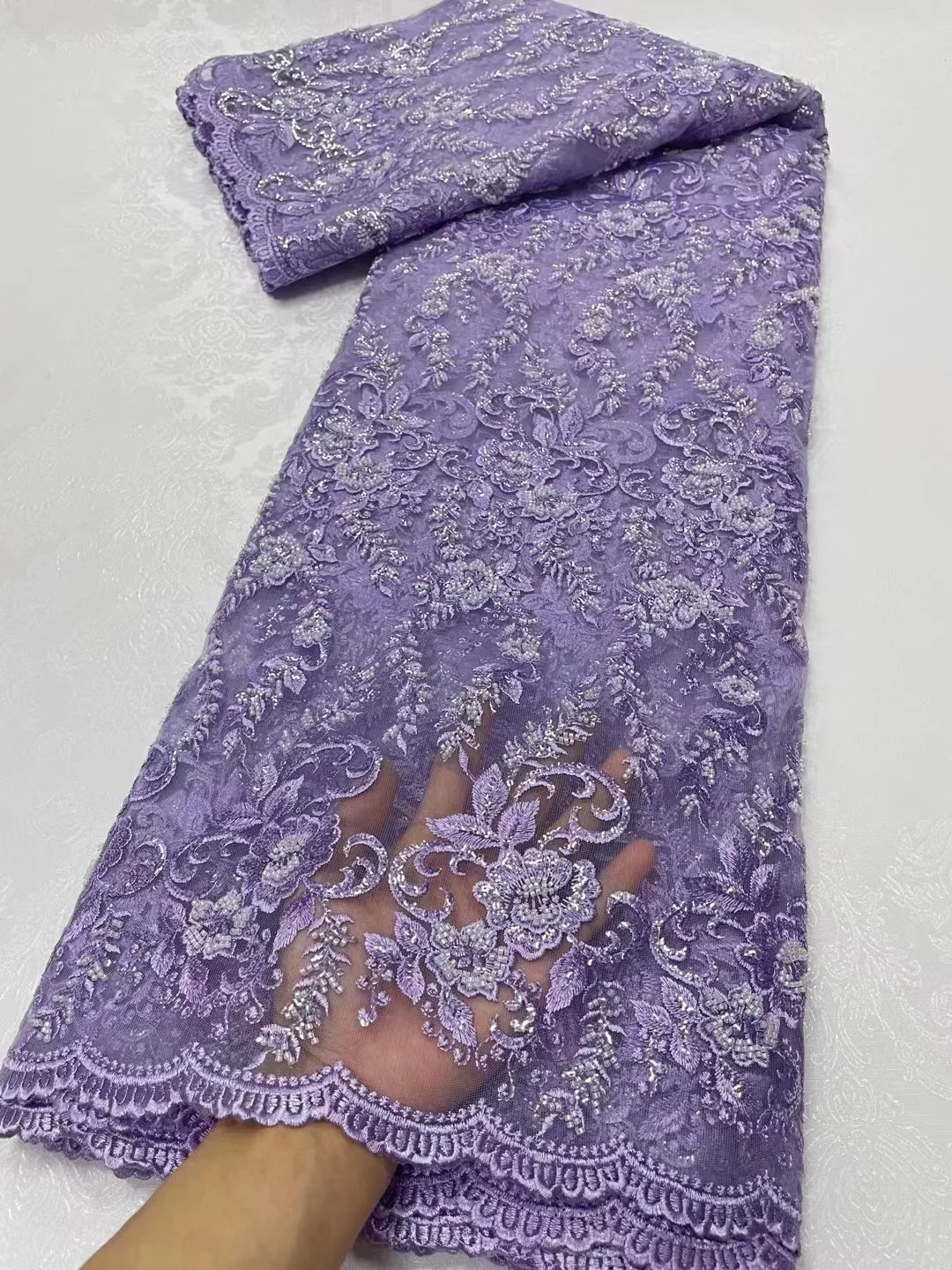 

2023 Purple High Quality French Tulle Lace with Sequins and stones for wedding dress High-end African Lace Fabric