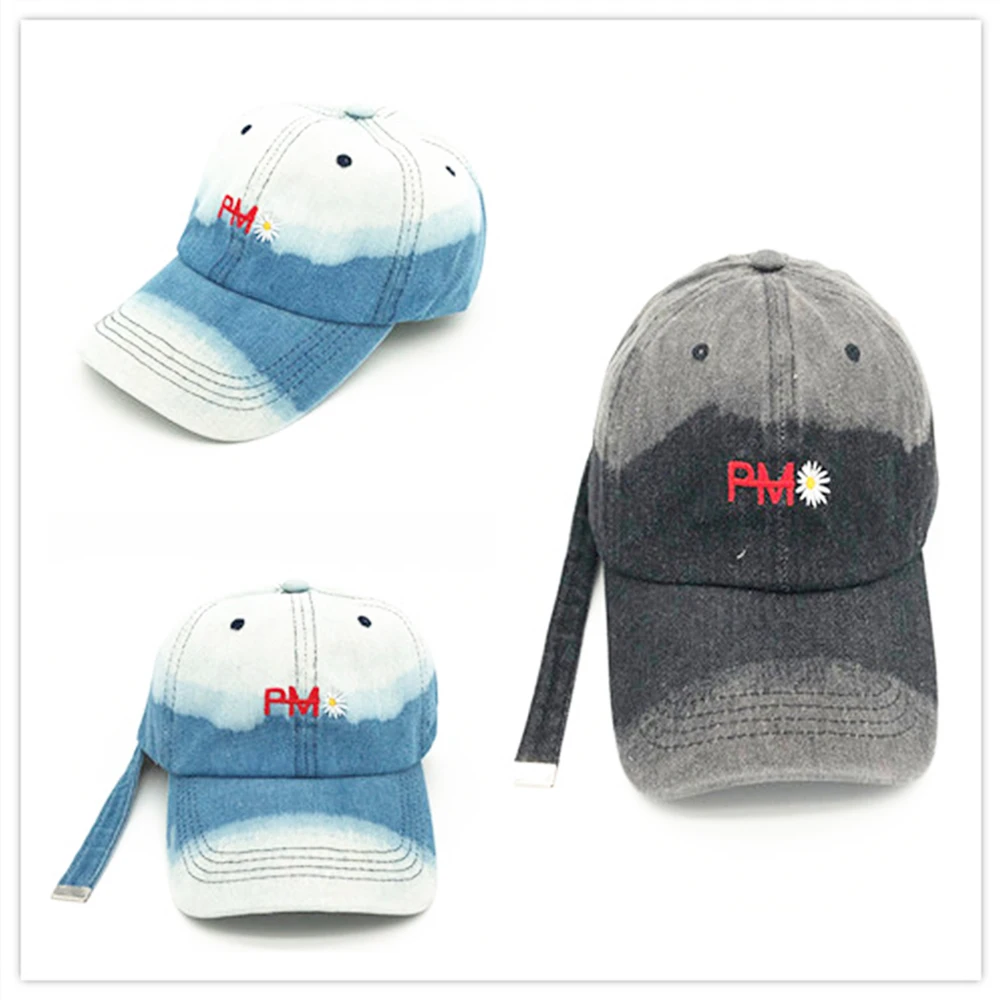 

KPOP G-Dragon PMO Daisy Embroidery Cowboy Hat Washed Denim Blue Baseball Cap GD Fashion Personality Long Rope Cap Couple Gifts