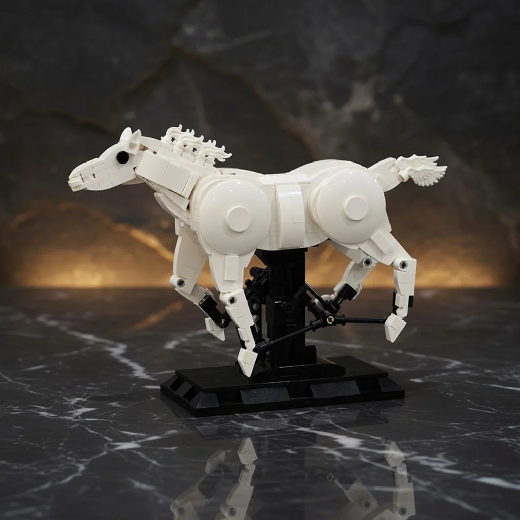 Фото Кинетическая скульптура MOC: Бегущая лошадь, механический конструктор, модель из строительных блоков, настольное украшение, подарок для взрослых любителей творчества №1