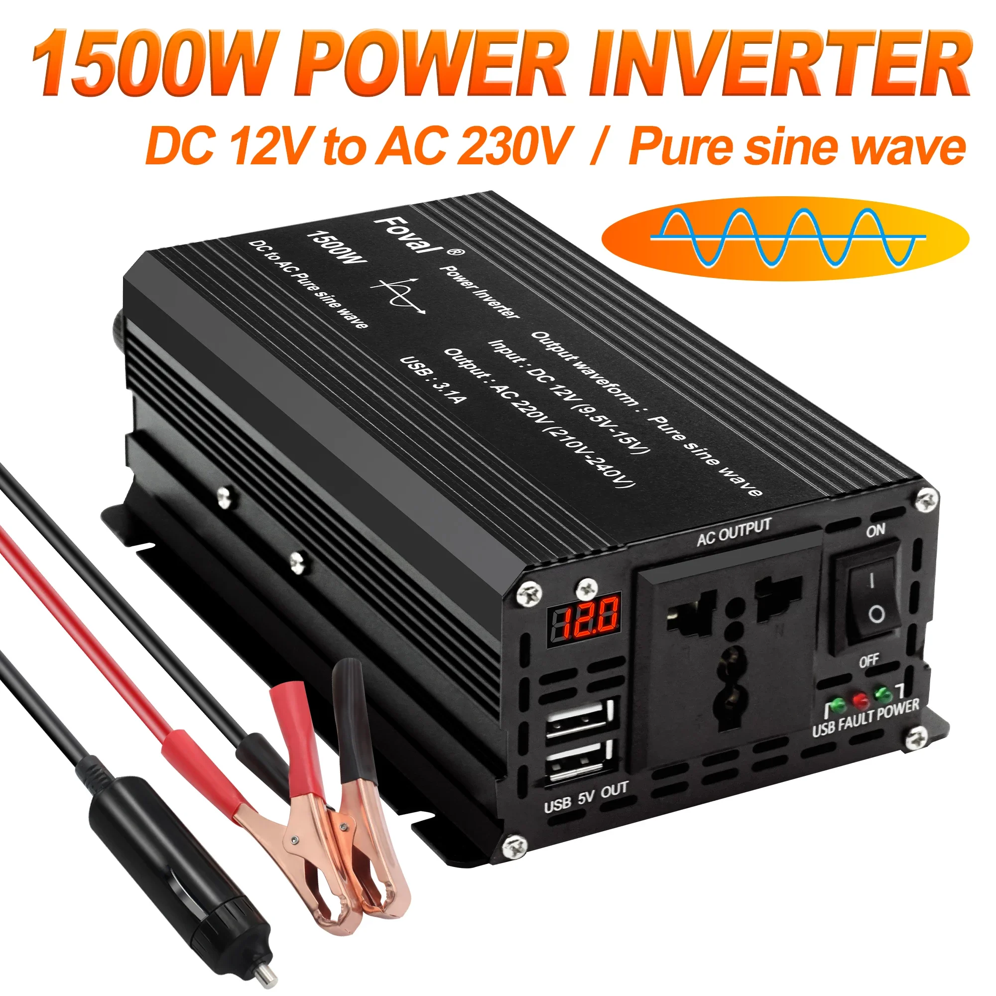 

Pure Sine Wave Inverter DC12V to AC220V 1500W/2200W/2600W/3000W LED Voltmeter Converter Transformer Universal EU Socket Inverter