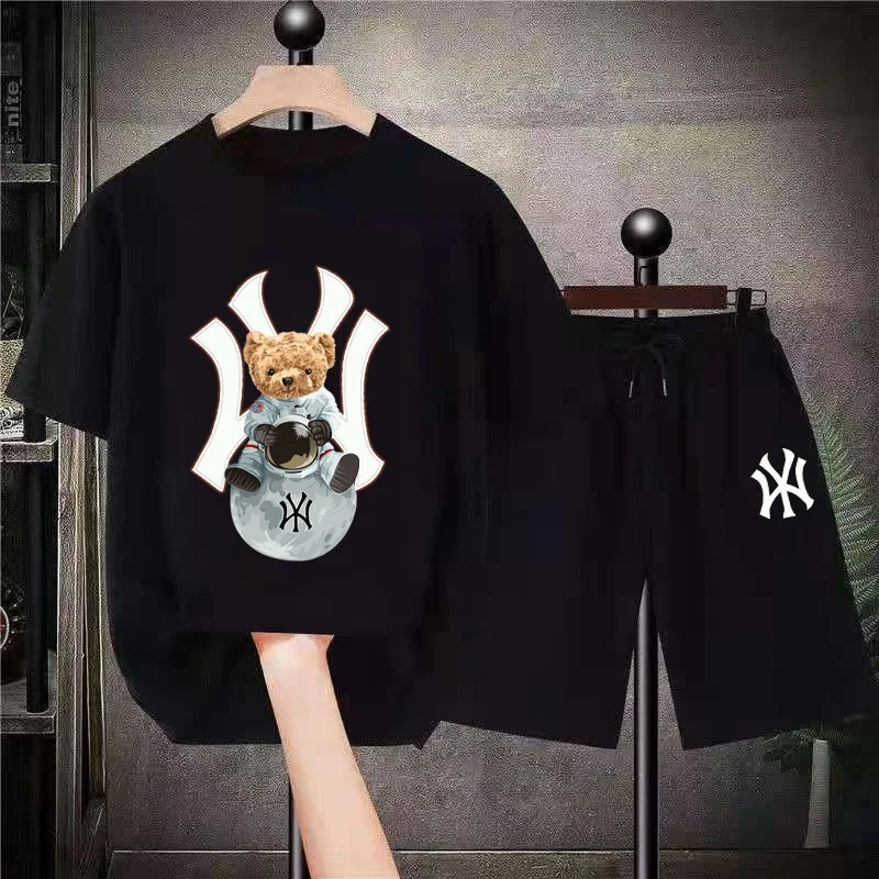 Astronaut Bear Graphic Short Sets USA Style Luxury Print T Shirt Shorts Oversized Streetwear Fashion Men Tee Suit