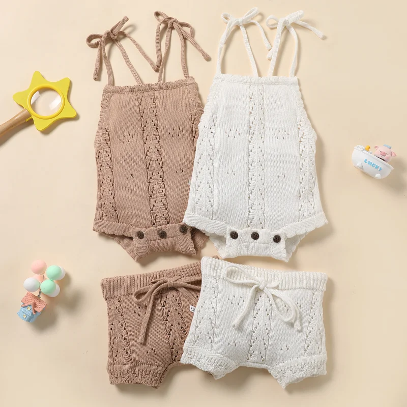 

Kids Baby Summer Clothes for Newborn Baby Boys Girls Solid Lace-up Knitted Backless Rompers+Drawstring Shorts Beach Outfits Sets