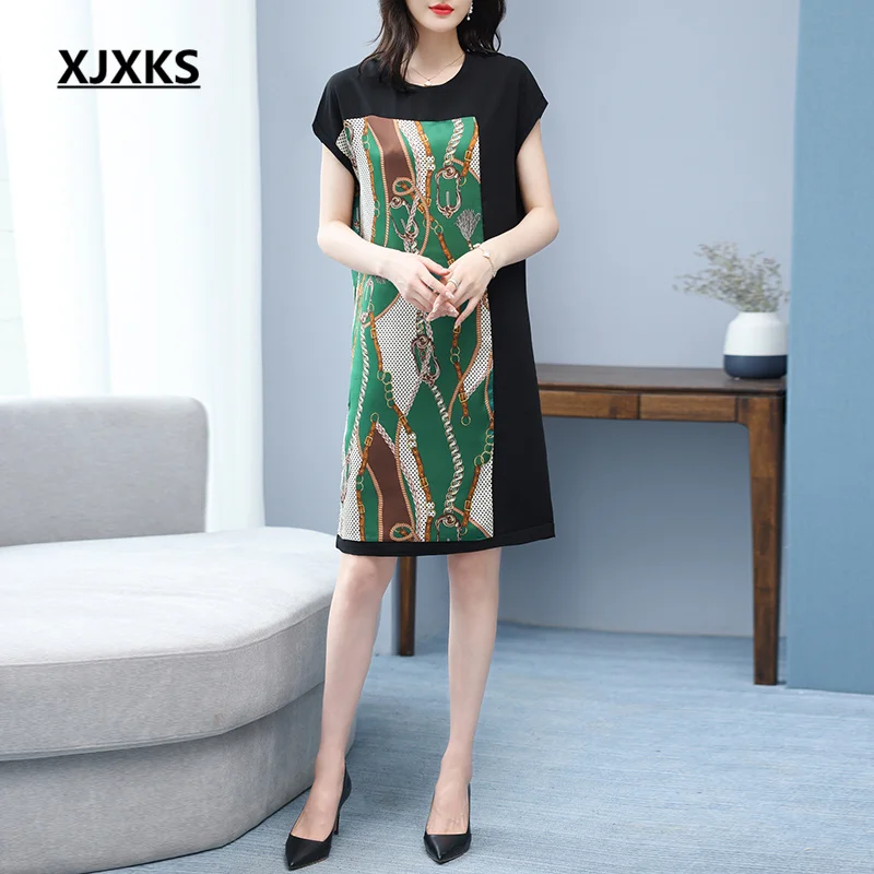 

Женское платье из шелка тутового шелкопряда XJXKS, повседневное свободное платье большого размера с принтом, лето 2023