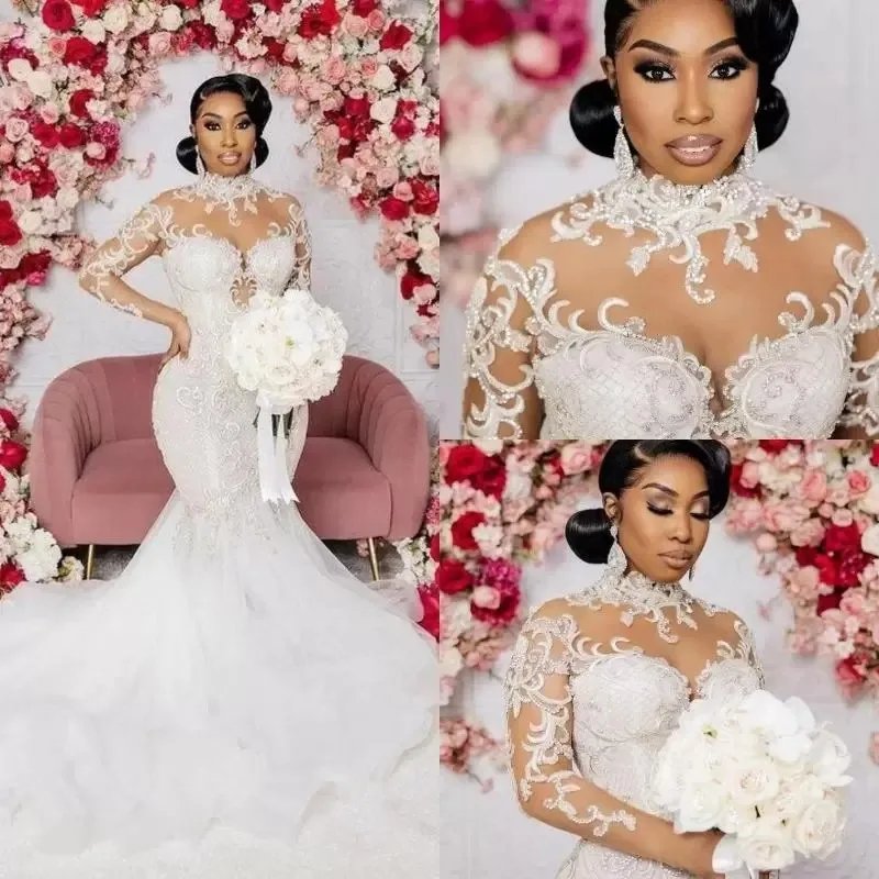 

Wedding Dresses Mermaid Beaded Gowns 2023 Sheer Long Sleeves African Nigerian Sweep Train Plus Size Bridal Party For Arabic