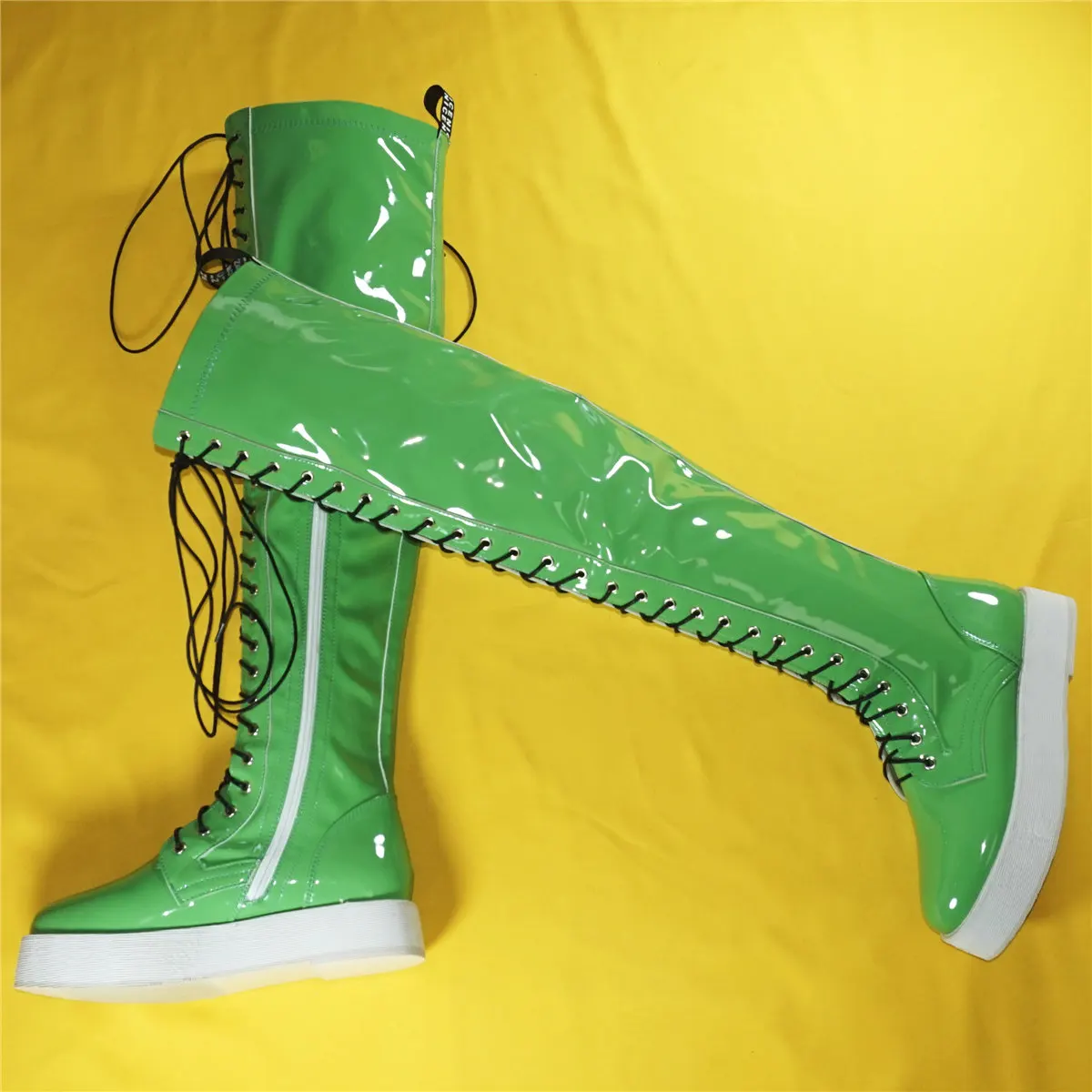 Green Platform Pumps Shoes Women Lace Up Patent Leather Over The Knee High Boots Female Round Toe Fashion Sneakers Casual Shoes
