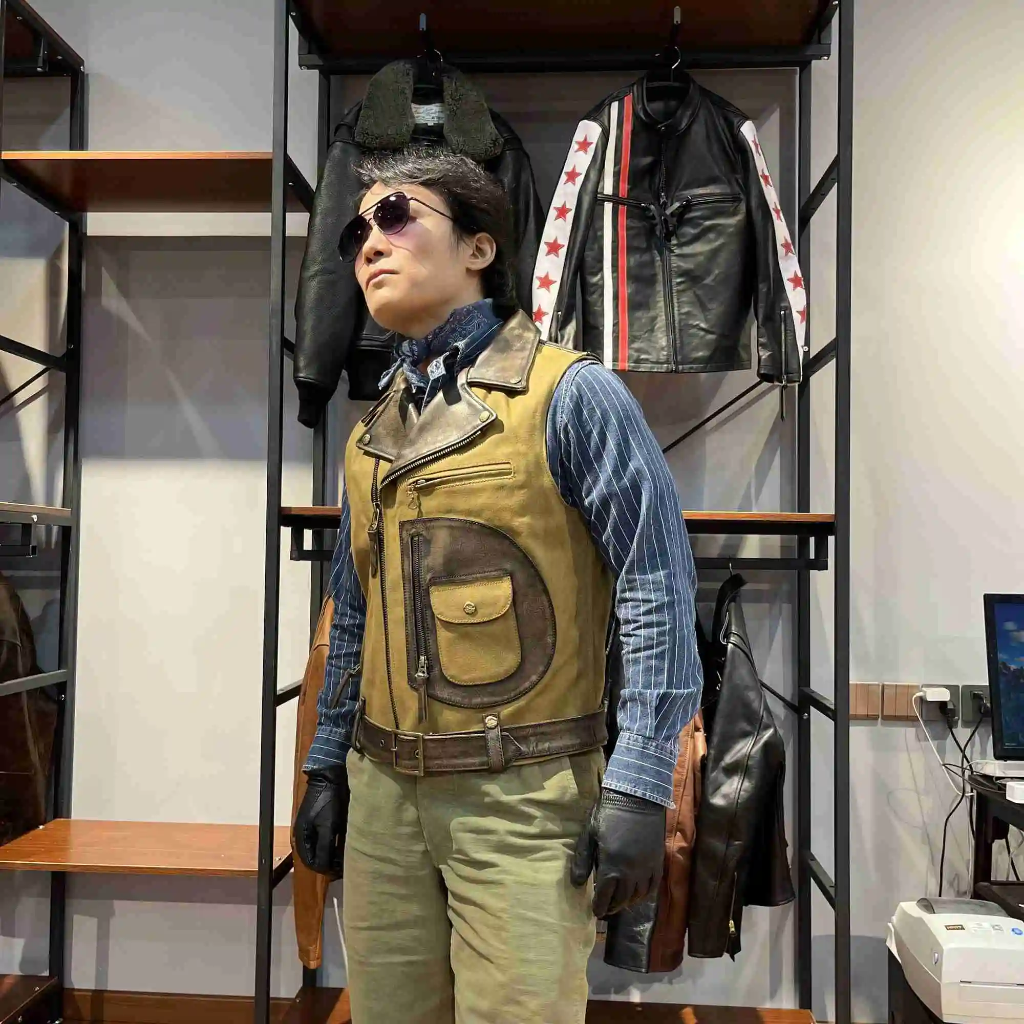 

CDV499 Super Quality! Vintage Heavy 22oz Canvas Men's Waterproof Cow Leather Patch Casual Vest Wasitcoat