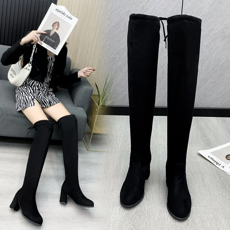 2021 Autumn and Winter Fashion New High-heeled Boots Thin Boots Stretch Knee Boots High-tube Boots Thick Heels Women