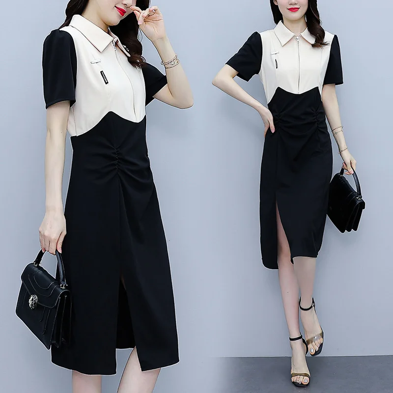 Новинка лета 2023, свободное универсальное женское платье-поло с воротником, контрастный дизайн, чувственный разрез на талии, тонкое женское платье с коротким рукавом