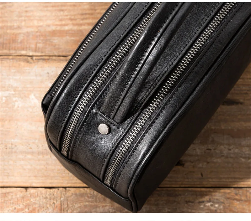 Simple casual high-quality natural genuine leather men's storage toiletry bag retro designer black real cowhide business handbag