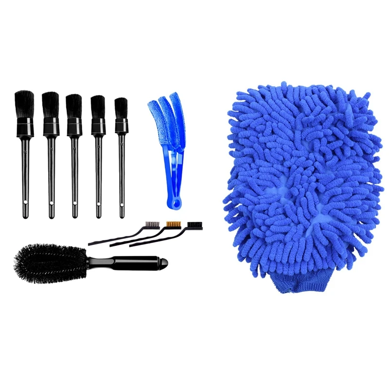 

2X Premium Microfiber Chenille Super Absorbent Wash And Wax Glove, Car Wash Mitts (Blue) & 10X Car Detailing Brush Set