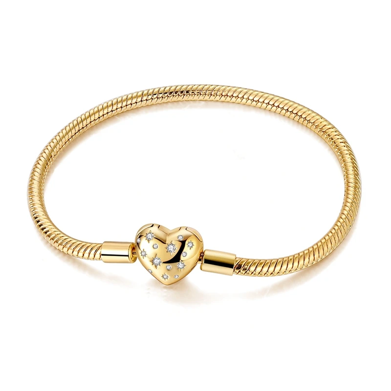 Pulseras de plata de ley 925 de 17-20CM, pulsera Original dorada brillante en forma de corazón, cuentas de abalorios DIY, joyería de moda para mujer