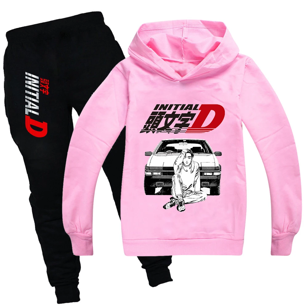 Initial D Hoodie Kids Japanese Anime Autumn Spring Sweatshirt Girls/Boys Graphic Clothing Set Long Sleeve Suit Casual Tops 2-15Y