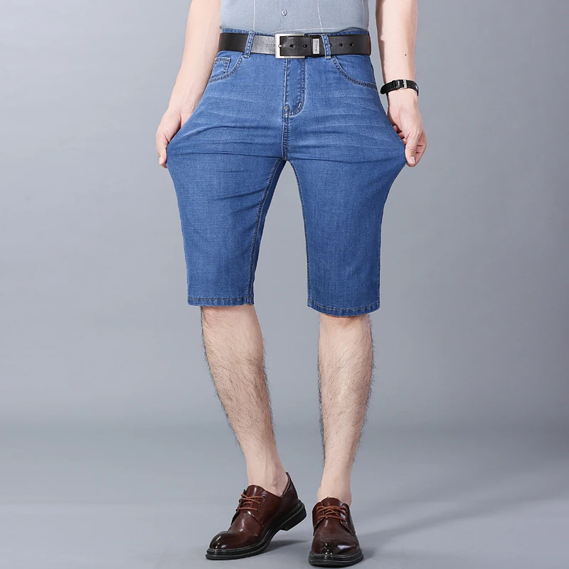 

Short Mens Jeans Brand Ripped Biker Jeans Men Shorts Denim Pants Elastic Dark Blue Streewear Frayed Slim Fit Pantalon Homme Jean