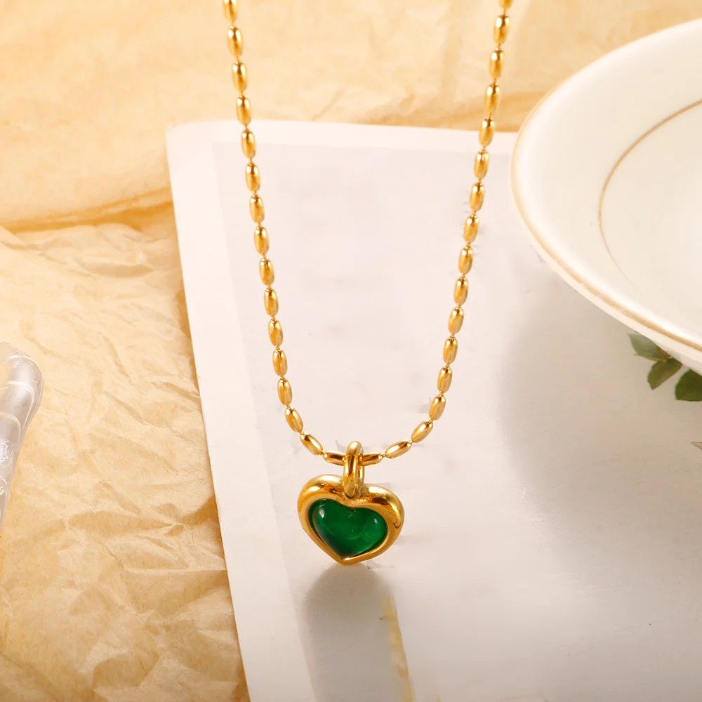 Новый Ins простой кулон с зеленым сердцем ожерелье любовью цепочка из бусин