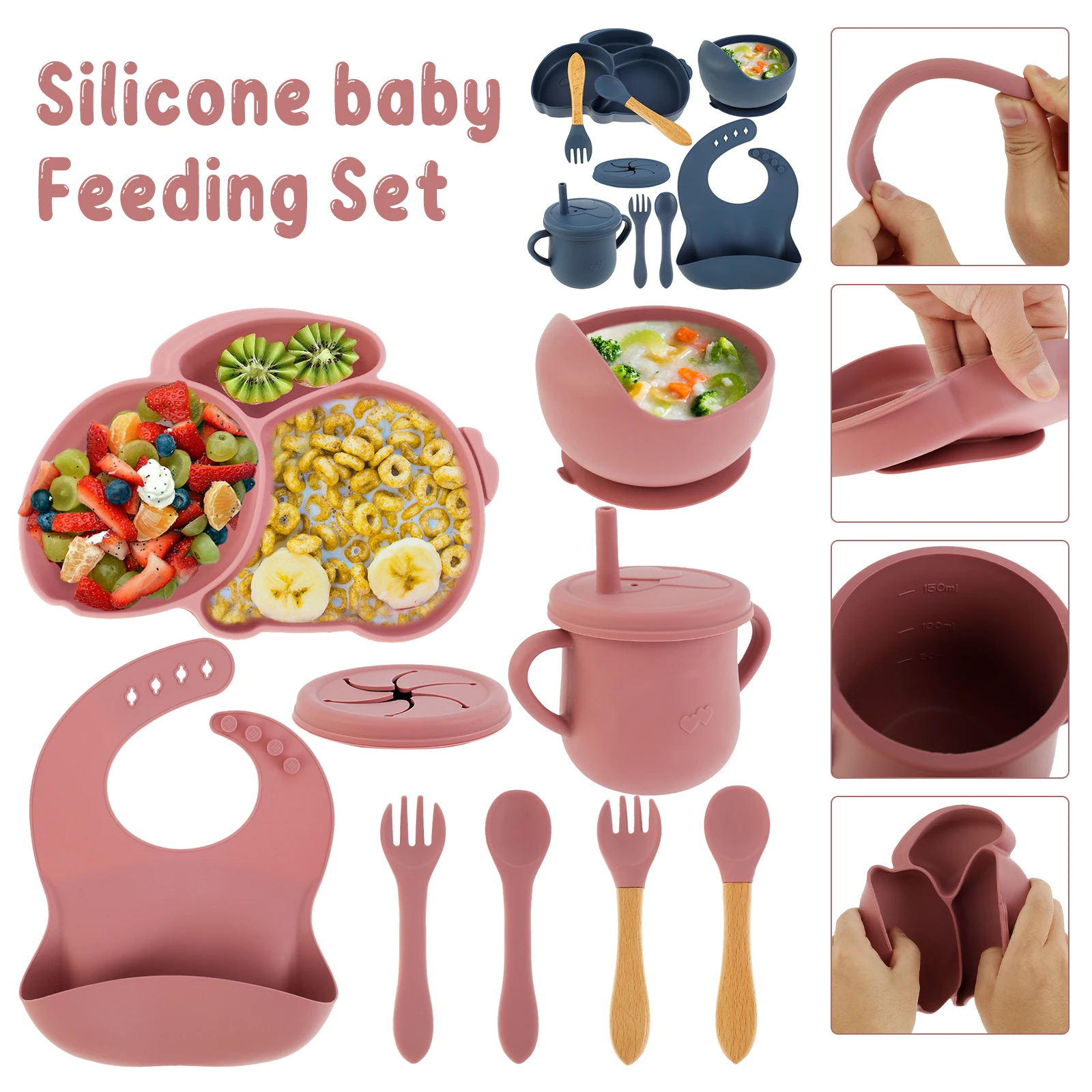 

9 Pcs Baby Feeding Set Silicone Baby Plate and Bowl Set with Suction Cup BPA-Free Baby Tableware Set Baby Led Weaning Supplies