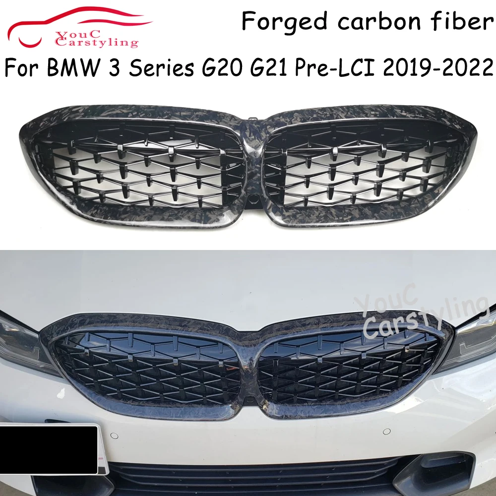 

G20 Кованый передний бампер из углеродного волокна, решетка для почек для BMW 3 серии G20 G21 M3 330i M340i 2019-2022, решетка в ромбовидном стиле