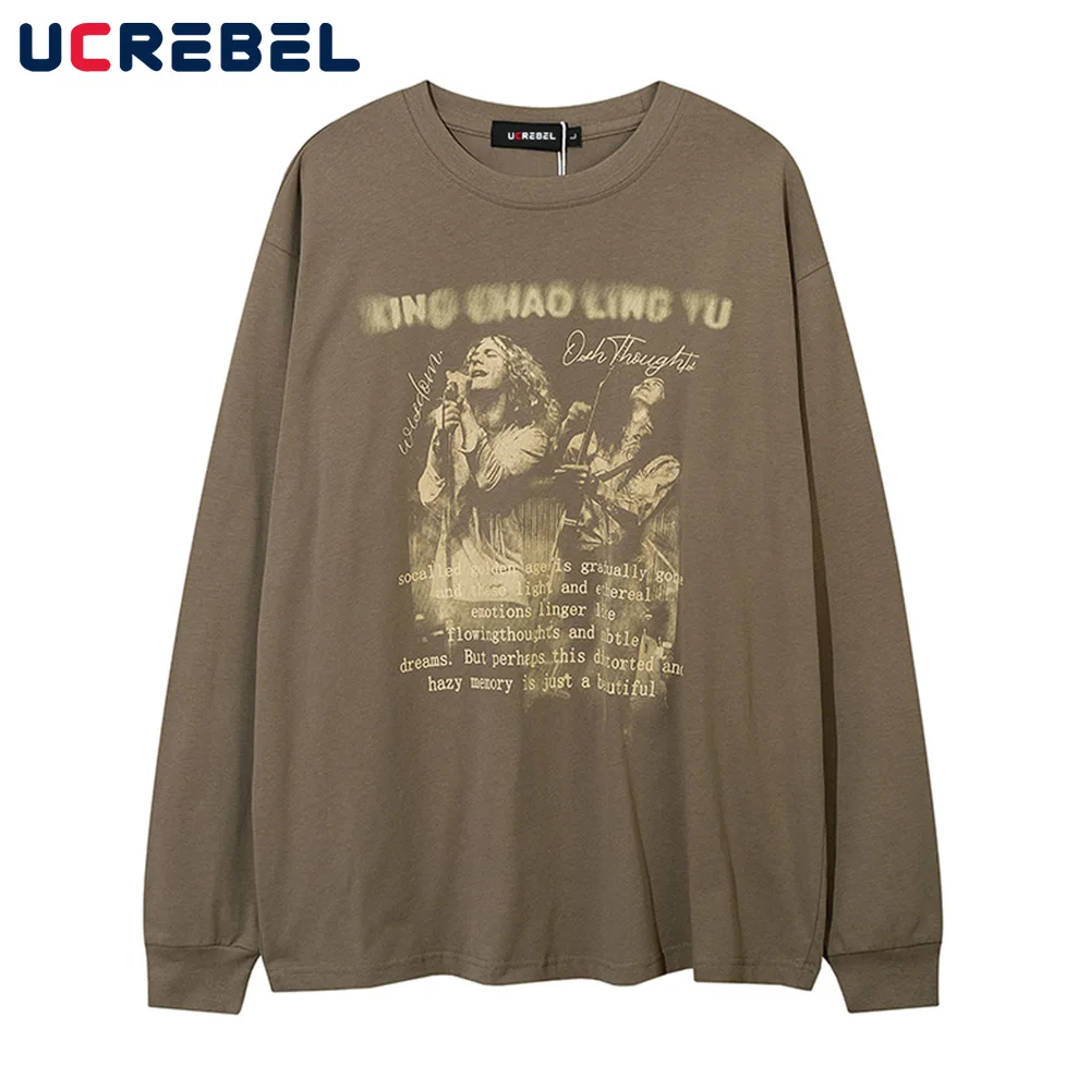 

Portrait Print Retro Long Sleeve Sweatshirt Autumn Mens Loose Casual Crew Neck Pullover High Street Letter Drop Shoulder Top Men