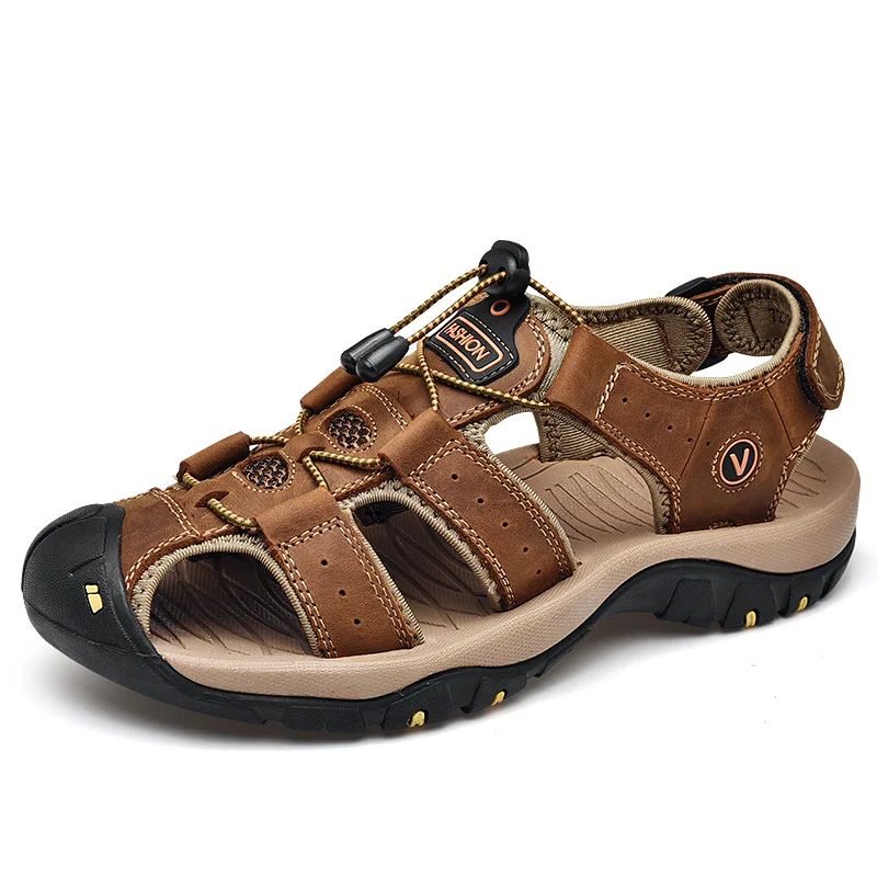 

Men Outdoor Sandals Top Layer Leather Comfort Sandals Travel Protection Toe Men's Shoes Non-slip Rubber Sole Beach Shoes
