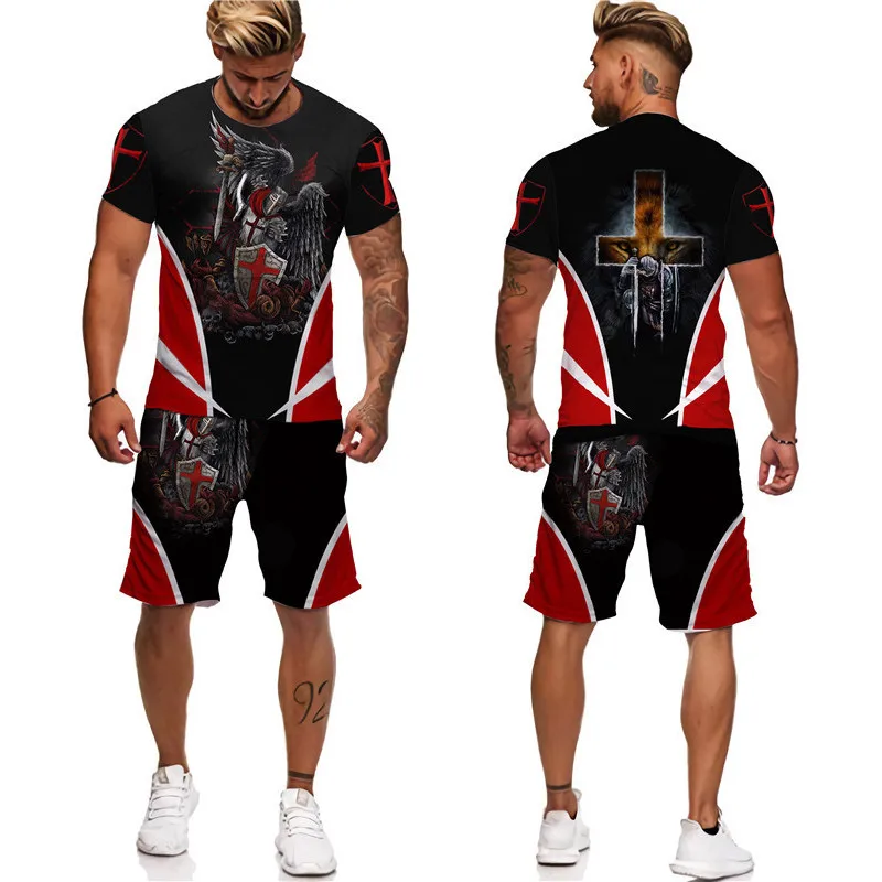 

Knight Templar 3d Print Men's T-shirt Set Cool Short Sleeve Retro Style Streetwear Two Piece Set Summer Tracksuit Outfit