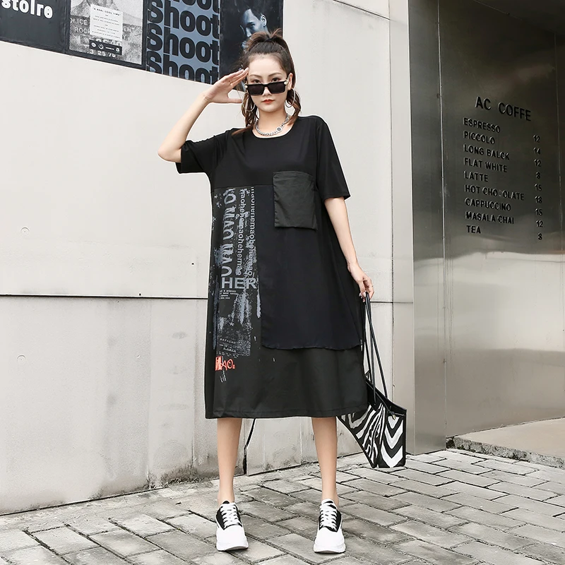 

220502 Harajuku style 2022 Summer New Arrival Dress Printing Patchwork Loose Short Sleeve Casual Dresses Tide