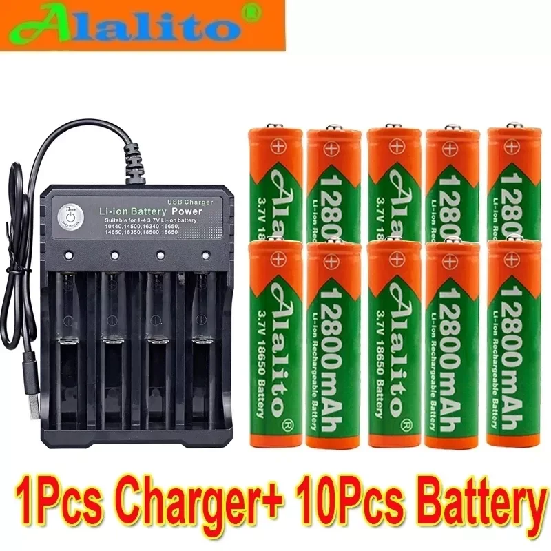 

NEW2023 Alalito 3.7V 18650 12800mAh Rechargeable Battery 2/4/8pcs Battery + 4 Slots 3.7V 18650 USB charger