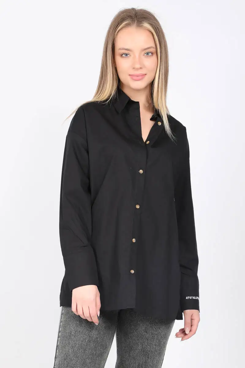 

Women's Black Slits Nakışlı Boyfriend Shirt
