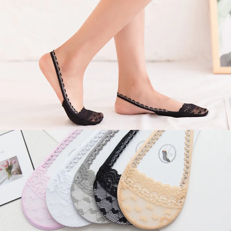 

5Pairs new style Women lace mesh invisible Socks Summer Solid Color Ankle Boat Socks Female Cotton Slipper No show Sock