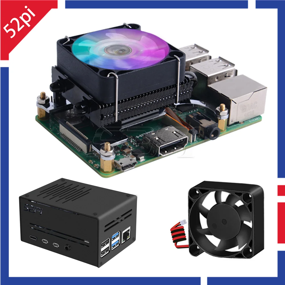 

52Pi Black Low-Profile Ice Tower Cooling Fan Metal Case 7 Colors RGB Changing LED Light with Bracket for Raspberry Pi 4B/3B/3B+