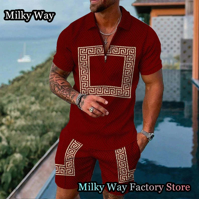 Summer Men Luxury Vintage Polo Shirt Set Casual Turn Down Collar Tracksuit Male Fashion Clothing Beach Style Outfits Streetwear