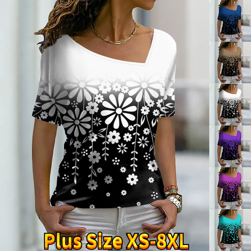 

2022 Casual Women's Floral Theme Painting T Shirt Floral Color Block Print V Neck Basic Tops Blue Pink Red / 3D Print XS-8XL