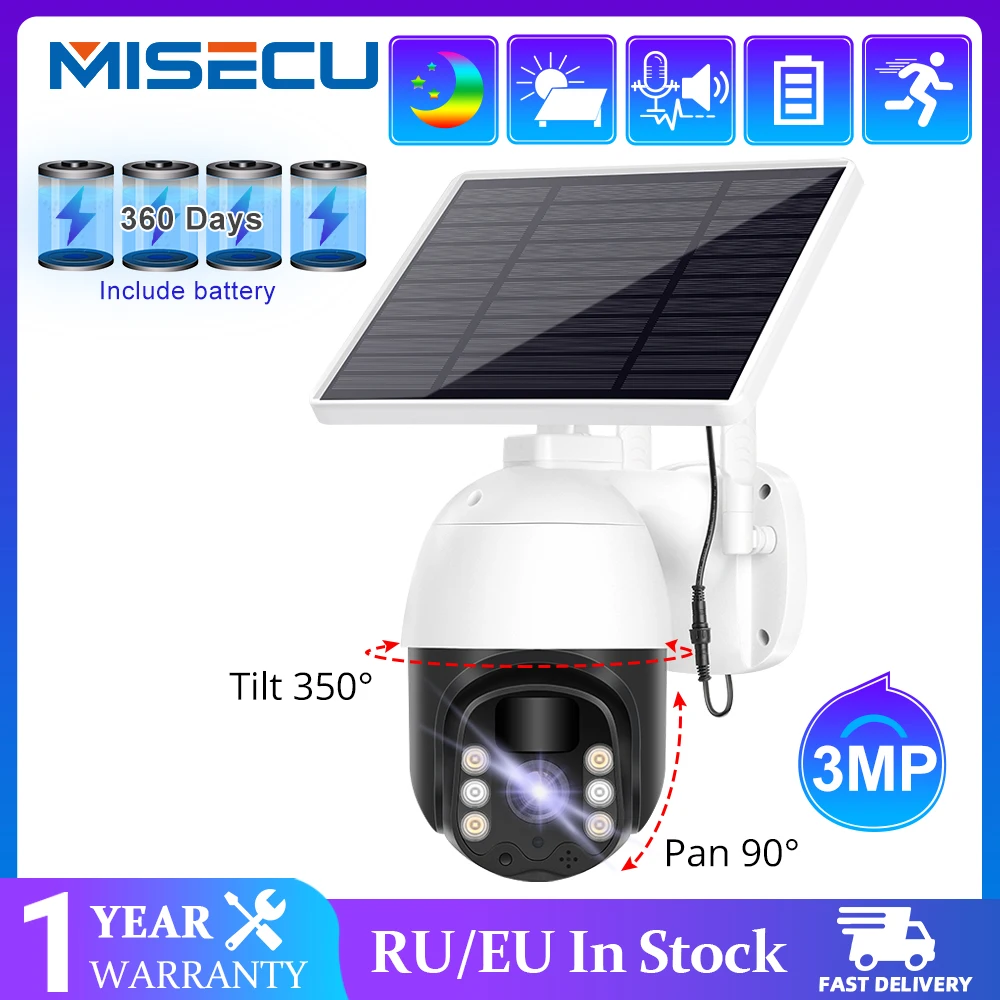 MISECU Solar Panel Battery Camera PTZ WiFi Security Outdoor Waterproof 2 Way Audio PIR Human Detection Video Surveillance | Безопасность