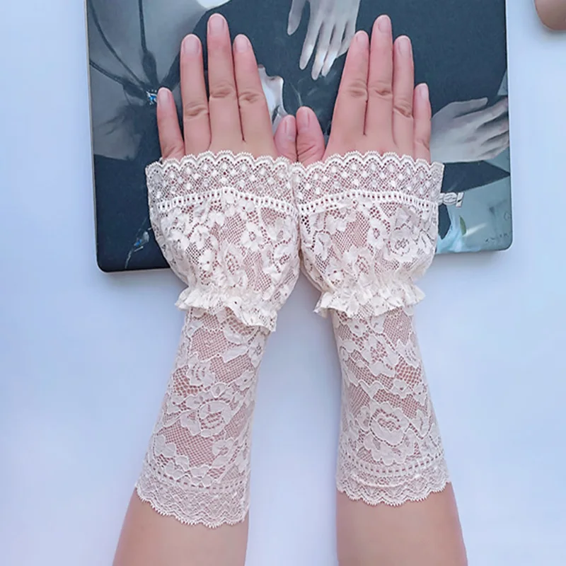 

Female Sexy Fake Sleeves Hollow Out Crochet Floral Lace Horn Cuffs Embroidery Flounces Ruffles Elastic Wrist Warmers