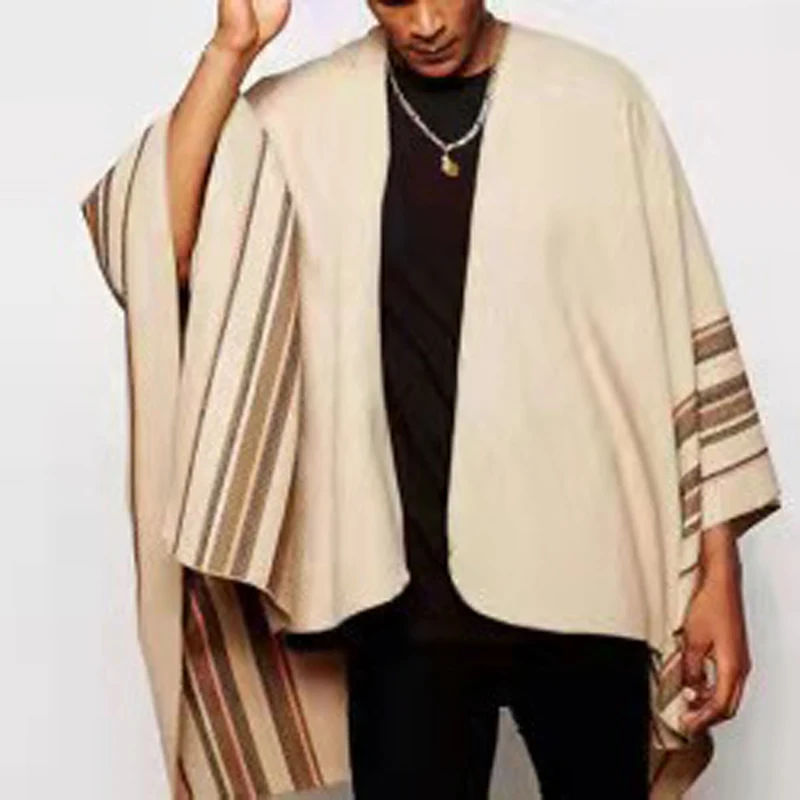 Мужское пончо с бахромой повседневный Свободный пуловер в полоску V-образным
