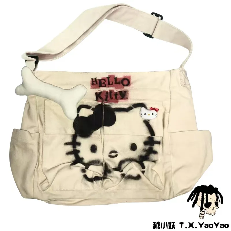 

Kawaii Hello Kitty Shoulder Canvas Bags Homemade Inkjet Y2K Handbags Large Capacity Crossbody Messenger Bag for Girls Women