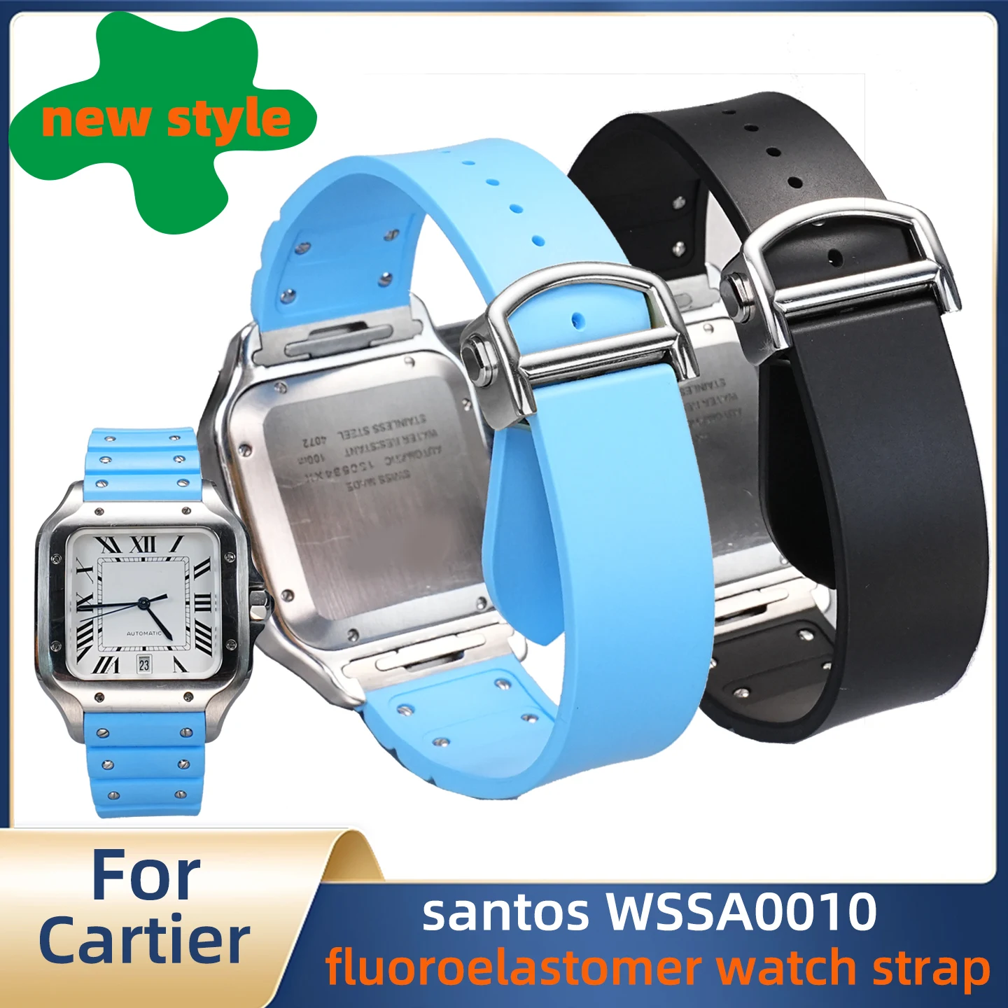 Фото Ремешок из фторкаучука 21 мм для Cartier Santos WSSA0009, быстросъемный, белый, оранжевый, синий, индивидуальная подгонка №1