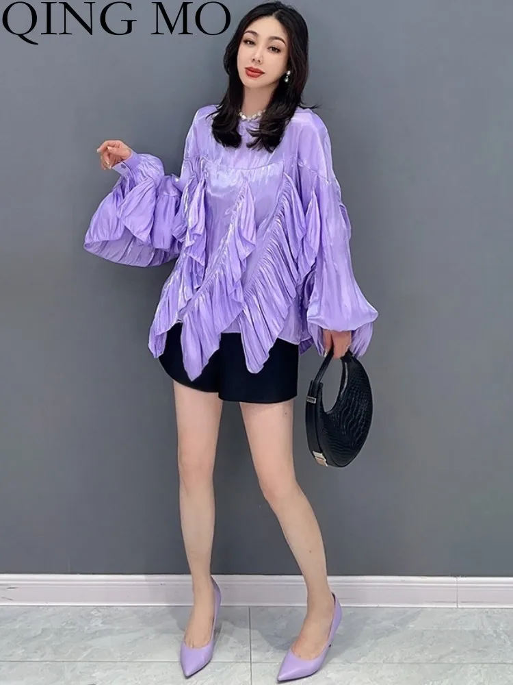 

QING MO 2023 Summer New Korean Irregular Single Piece Top Female Show Slim Casual Full Sleeve Women T-shirt Purple Red ZXF2649