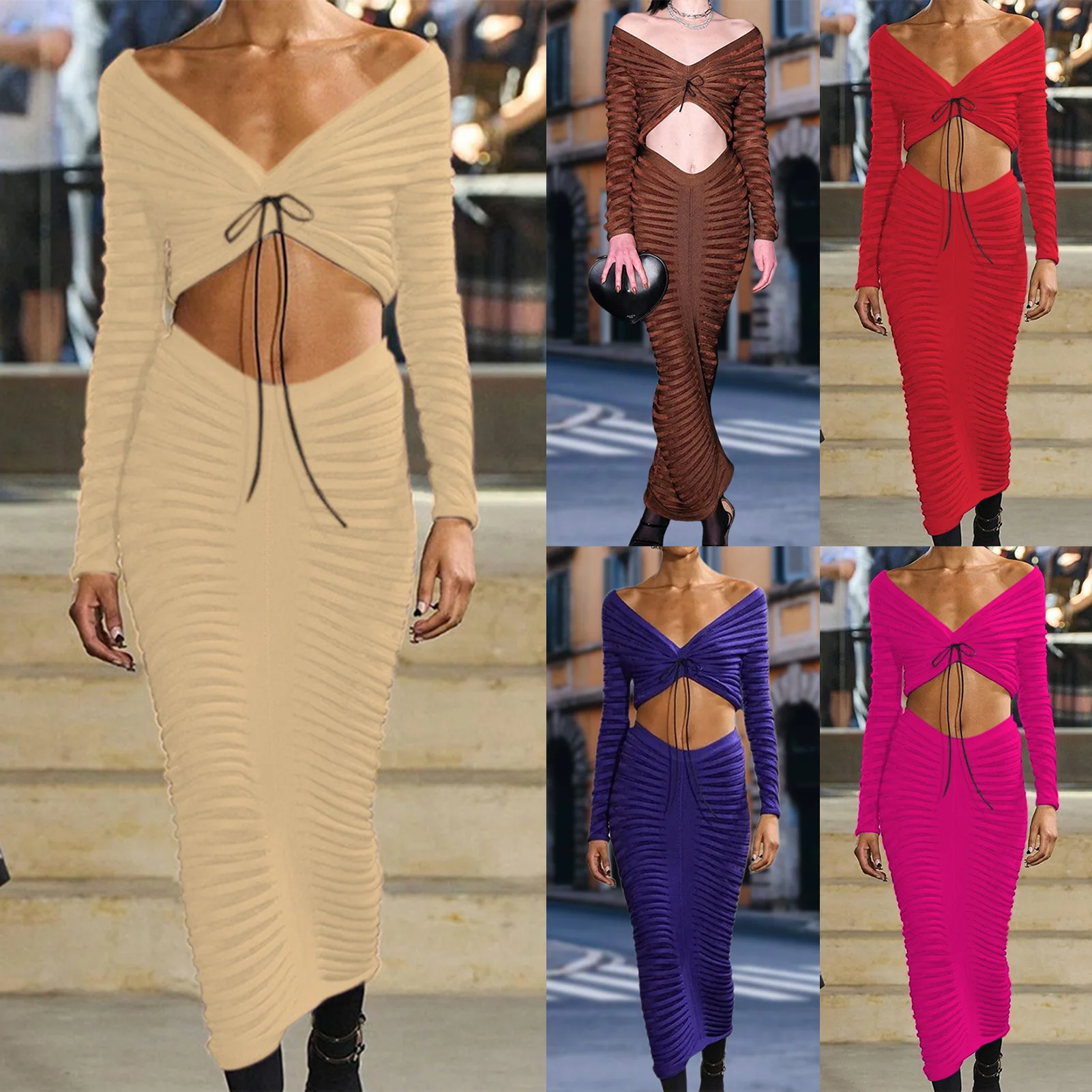 

Autumn Two Piece Set Women Crop Tops with Pencil Skirt Set Tight Fit Knit Lace Up Top with Skirt Set Cocktail Party Clubwear