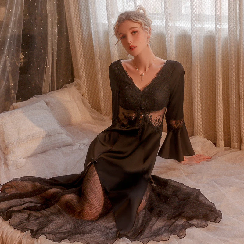 Sexy Night Wears For Women Satin Robe Temptation Deep V Mesh With Bra Pads Embroidery Lace Wedding Bride Nightdress Home Suit