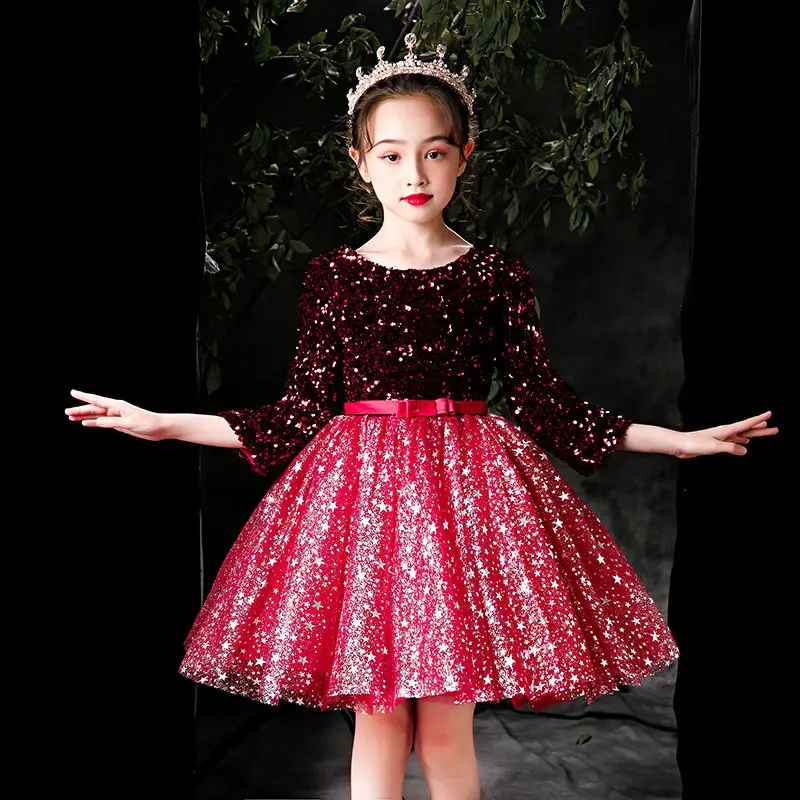 

Элегантное бальное платье с круглым вырезом и рукавами три четверти, с блестками, до колена, Детские вечерние платья для причастия, платья д...