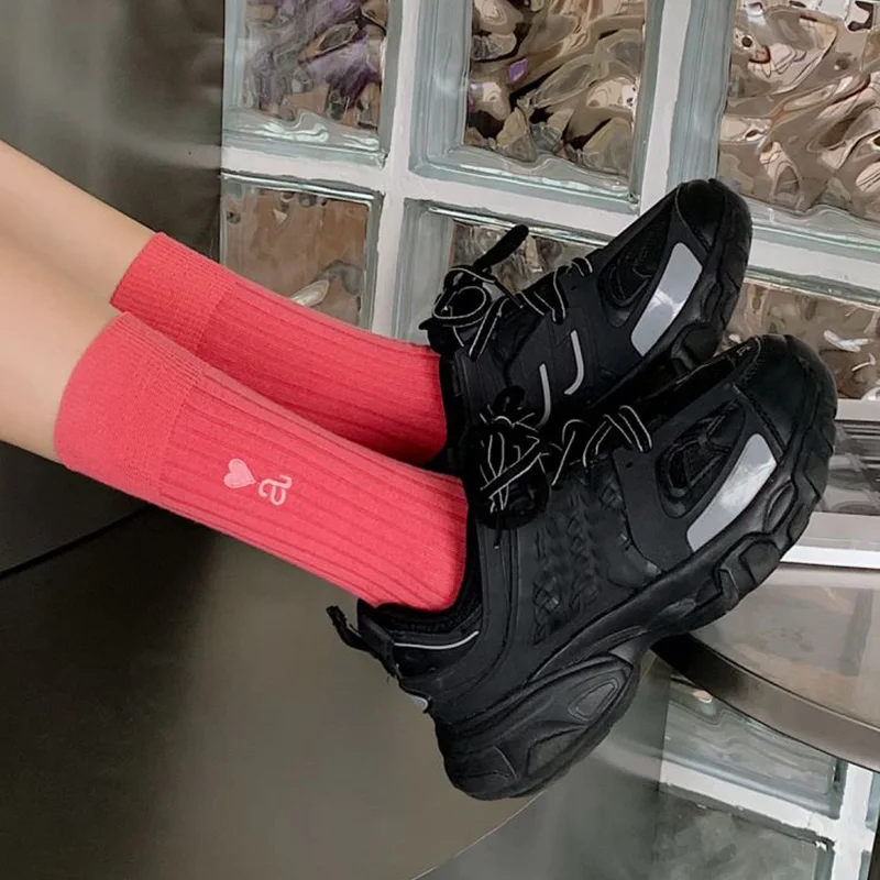6 Pairs Sweet Striped Letters Socks Women Fashion Long Winter Cotton Heart Socks Soft Comfortable Chaussette Femme Korean Style