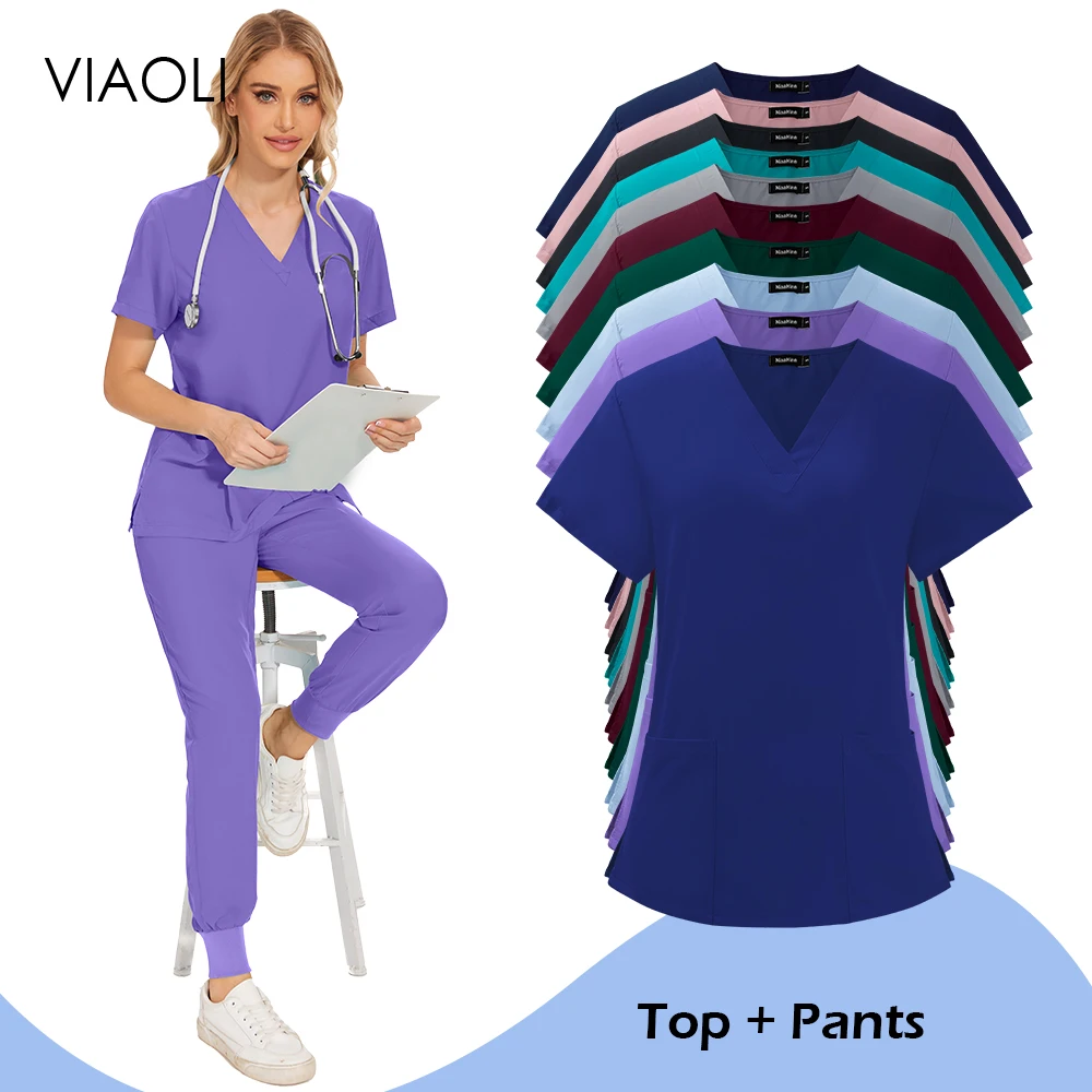 

Fashion Hot Sales Scrub Sets Uniform Women Joggers Thin Short Sleeved Top Pants WorkWear Dental Scrub Veterinary Pet Clinic Suit
