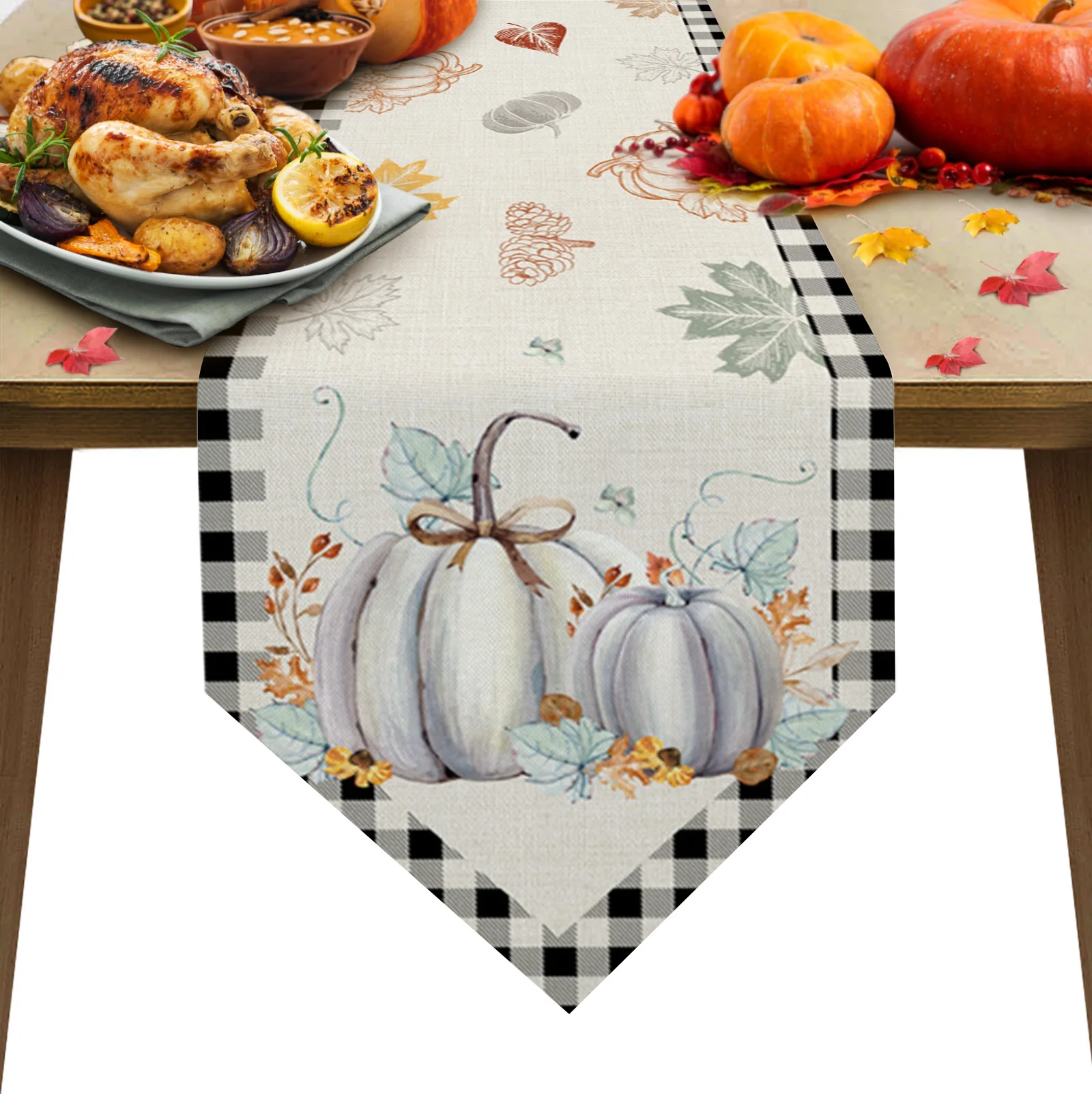 

Autumn Pumpkin Maple Plaid Table Runners Holiday Wedding Decor Dinning Table Cover Christmas Decorations Table Cloth