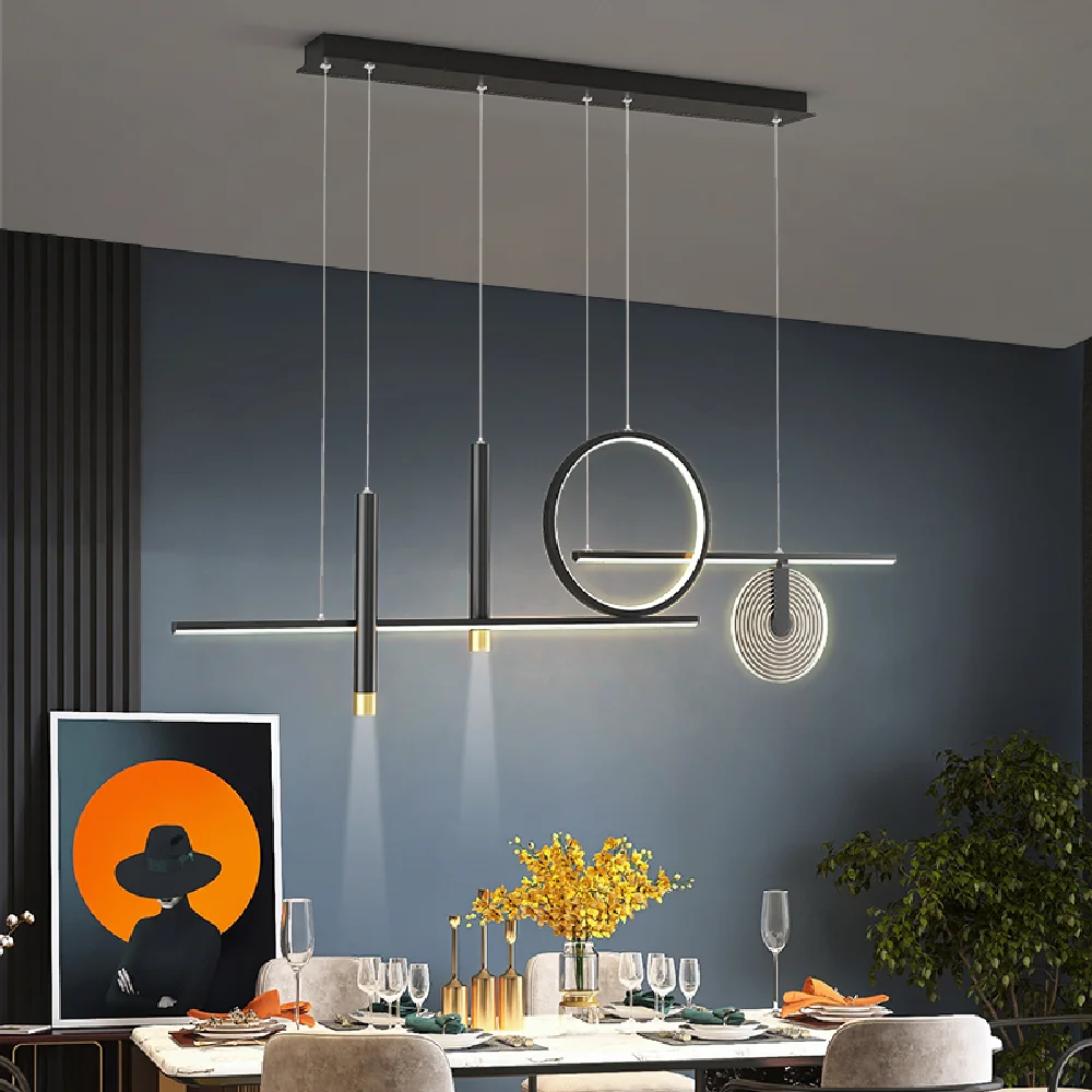 

LED Chandelier Black Modern Minimalist Dining Room Island Lighting Hanging Fixtures Restaurant Bar Coffee Deco Iron Pendant Lamp