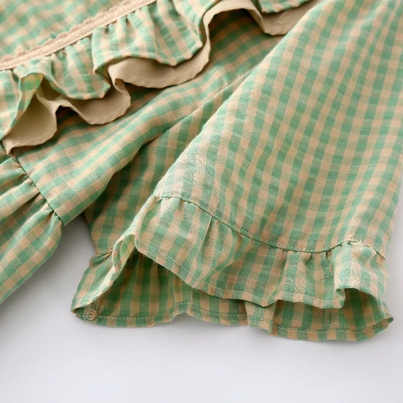 Household to take female cotton printed green grid nightgown women's summer bud silk pajamas lady with short sleeves