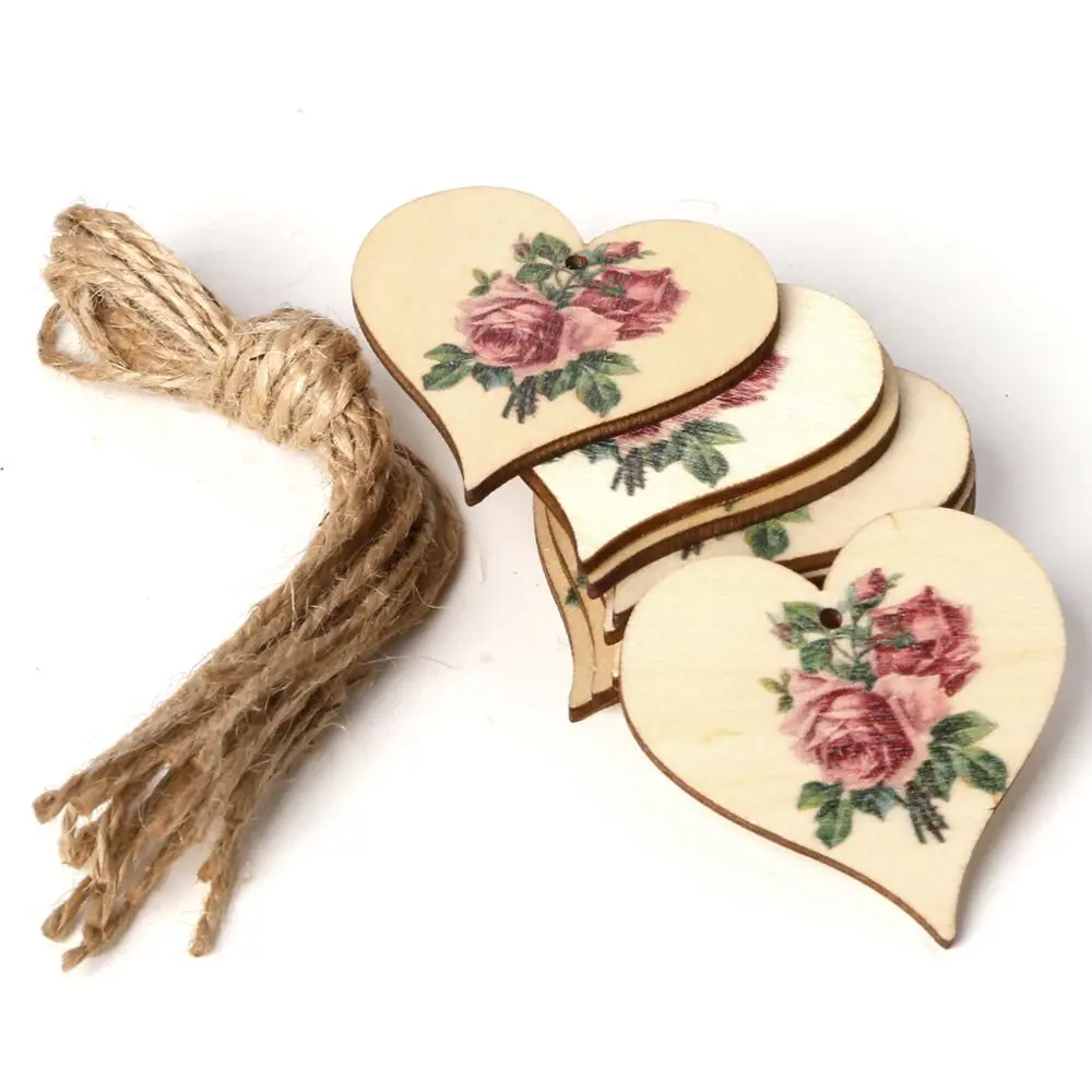 

10pcs/set Printed Angel Rose Flower Hanging Pendant Laser Cut Wooden Slice Ornament Wood DIY Crafts Home Decoration