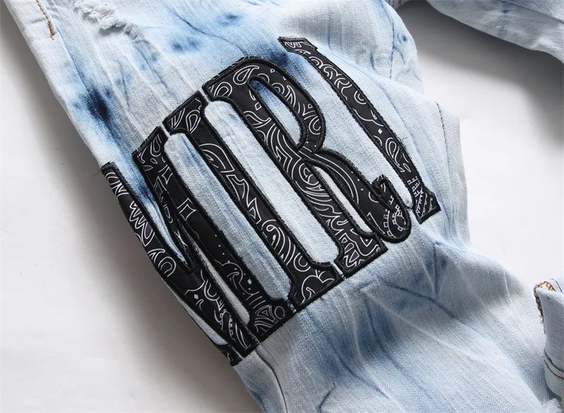 Mens Jeans Hole Embroidery Five-pointed Star Trend Elastic Slim Feet Pants for Men