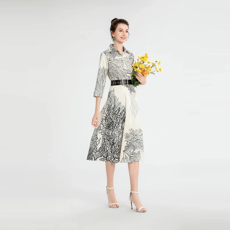 

MIUXIMAO 2022 New Summer Women's Clothing Lapel Short Sleeve Slim Waist Printing Chiffon Dress Fashion Elegant Office Style